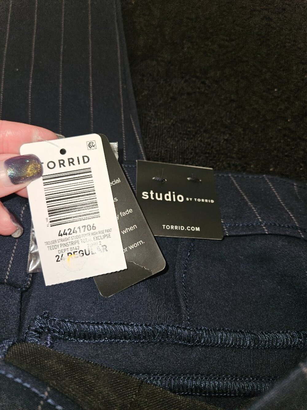NWT Torrid Studio Luxe Ponte Navy/White Pinstripe Pants (24W) - Picture 5 of 10
